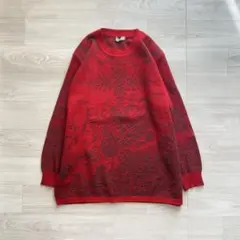 赤ニット ウール100% セーター 総柄 ジャガード 長袖