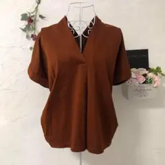 【美品A】INED トップス Vネック 半袖 サイズ9 ブラウン 綿100%