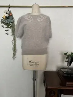 ビーズ ニット 刺繍入り モヘア 混紡 半袖 毛 アンゴラ ピンク かわいい