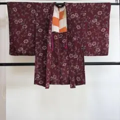 ■E5995■アンティーク■正絹■黒×赤　花唐草柄　袷　長羽織■丈100　裄63