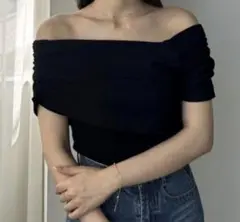 Louere オフショルダー リブニット ネイビー L