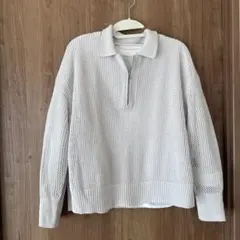 human woman ホワイト メッシュ編み ハーフジップニット