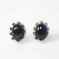 S925製 ロジウム ブラックラブラドライト 8×6mm 艶 デザイン ピアス