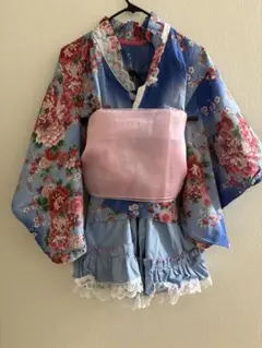 青い花柄 浴衣セット 150