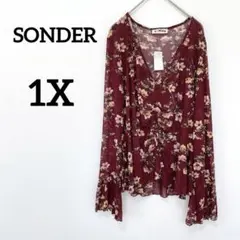 SONDER 【1X】バーガンディ シアー 長袖 トップス　花柄　LL