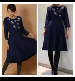 アンドクチュール★ネイビー　ビジュー付き七分袖ワンピース★美品　デート服