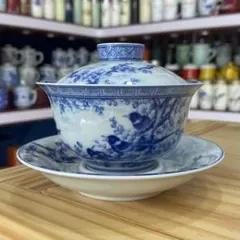 中国茶器 景徳鎮 陶磁器 青花喜上眉梢三才蓋碗 茶碗 煎茶器 新品未使用
