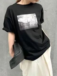 黒 グラフィック フォトデザインプリントTシャツ オーバーサイズ ブラック