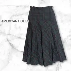 アメリカンホリック サイドボタンフレアラインロングスカート チェック M