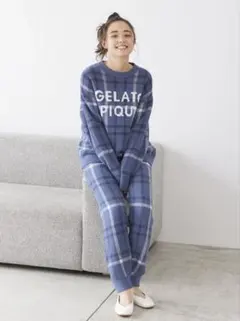 【美品】ジェラートピケ チェック柄プルオーバー&ロングパンツセット （NVY）