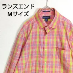 ランズエンド　長袖　シャツ　ピンク　イエロー　チェック　Ｍサイズ相当