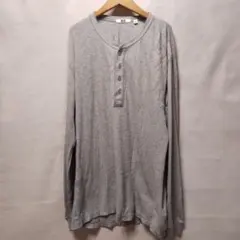 ユニクロUNIQLOメンズ杢グレー ワッフル素材長袖ヘンリーネックTシャツL