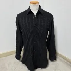 ヒューゴボス スリムフィットシャツ【M】ブラック 光沢 シャドーストライプのサムネイル