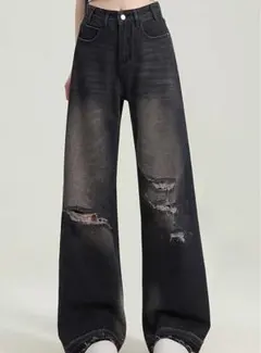 ブラックダメージワイドレッグデニム