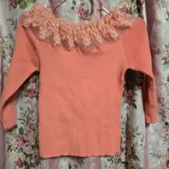 CECIL McBEE 5分袖 リブニット レース装飾 サーモンピンク Mのサムネイル