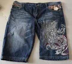 dominate 和柄 デニム ハーフパンツ 刺繍 古着