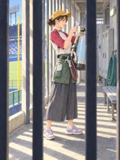 c1483_野球場 売り子 女性 アニメ調アートプリント スタジアム 日射し 通