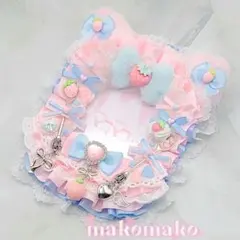 ピンク×水色 いちご スイーツ 硬質カードケース レースデコ B8 縦入れ