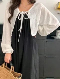 SHEIN リブ編みフロントリボン シアーカーディガン 　アイボリー