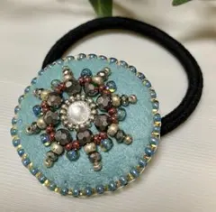 水色ビーズ装飾ヘアゴム