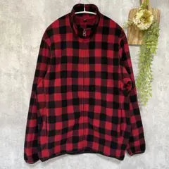 難あり【UNIQLO】フリースジャケット チェック柄 ジップアップ 赤 L