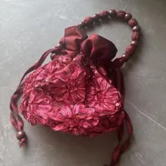 ボルドー 巾着バッグ ビーズハンドル 花柄刺繍 スパンコール