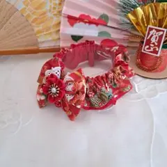 短毛シュシュ、和風妻み細工(赤③)わんちゃん猫ちゃん用