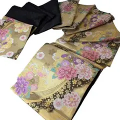 ま※い様専用！美品【振袖帯】袋帯　金×黒　唐織　牡丹　桜　菊　432cm　成人