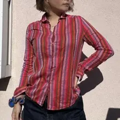 ストライプ長袖シャツ 赤とピンク