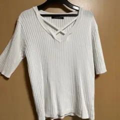 INGNI ホワイト リブ編み 五分袖 トップス ニット カットソー 半袖