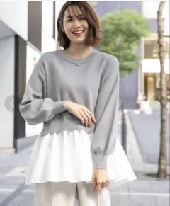 GLOBAL WORK メルティー布帛ドッキングニットトップス グレー L