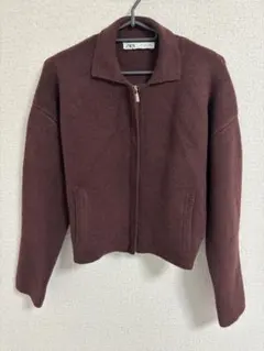 ZARA バーガンディ クロップドニットジャケット