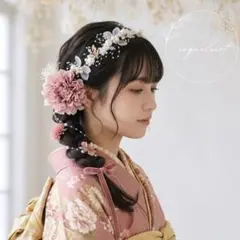 成人式 髪飾り ピンク パールカチューシャ付／ 卒業式 リボン　ヘッドパーツ㉒