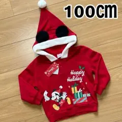 【新品未使用】ディズニー　ミッキー　パーカー　裏起毛　フード　赤　100