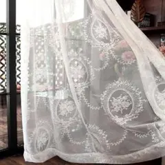 レースカーテン　刺繍　幅100丈180 2枚入り　ホワイト　花柄　エレガントのサムネイル
