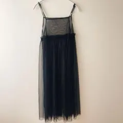 チュール キャミソールワンピース ギャザー ロング チュール M 黒 ナイロン
