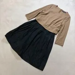 BRAHMIN ベージュ　ブラック 異素材　ドッキング　長袖ひざ丈ワンピース　Lのサムネイル