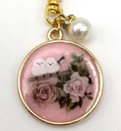 シマエナガ✨レジン✨ピンク薔薇✨和風✨パール✨キーホルダー✨かわいい✨金枠桃AA