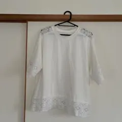 ホワイト レース切り替え 半袖トップス