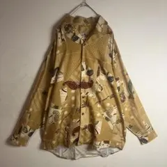 【長袖シャツ】総柄　開襟ペイズリー柄　アート柄　　からし色　使用感　古着