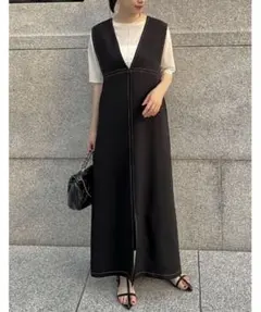 前後2WAY配色ステッチVネックジャンパースカート