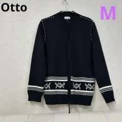 Otto黒&白系　刺繍入り　フロントジッパー　長袖　ウールカーディガン　 Mのサムネイル