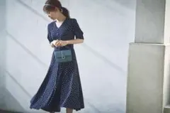 アプワイザーリッシェ　フロントボタンロングワンピース　ドット　ネイビー 半袖