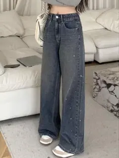 SHEIN Dazy スパンコール付ワイドレッグデニム ダークウォッシュ　M