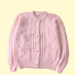 ピンク古着　 ケーブル編み 春ニットセーターカーディガン　かわいい　肉厚