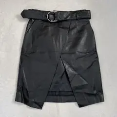 タイトスカート フェイクレザー アシンメトリー ベルト付 ブラック M相当