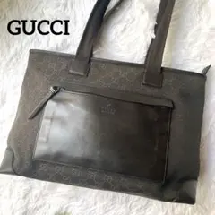 美品 GUCCI ダークブラウン GG柄 キャンバスレザー A4可 トートバッグ