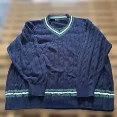 GU コットンチルデンVネックセーター ネイビーXXL