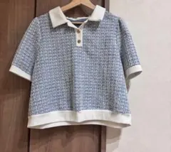 SHEIN ツイード風 襟付きニットトップス 半袖ポロシャツ　ブルー ホワイト