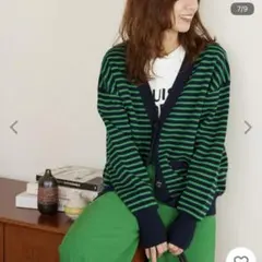 未使用品⚑レリューム　ダブルニットカーディガン　ボーダー　コットン　グリーン